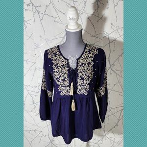Solitaire Purple Gold Floral Embroidered Tie Front Peasant Blouse